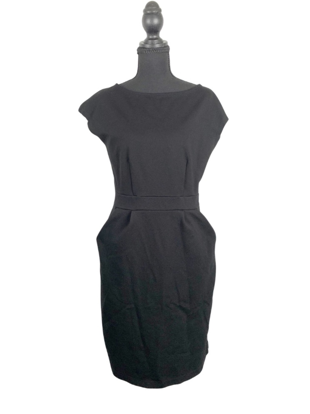 Quince Ultra Stretch Ponte Black Cap-Sleeve Midi Sheath Dress Women's M Preppy